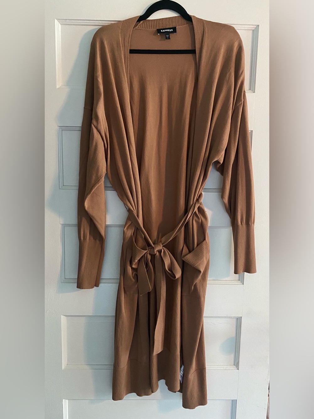 Express Long Knit Cardigan in Camel Brown